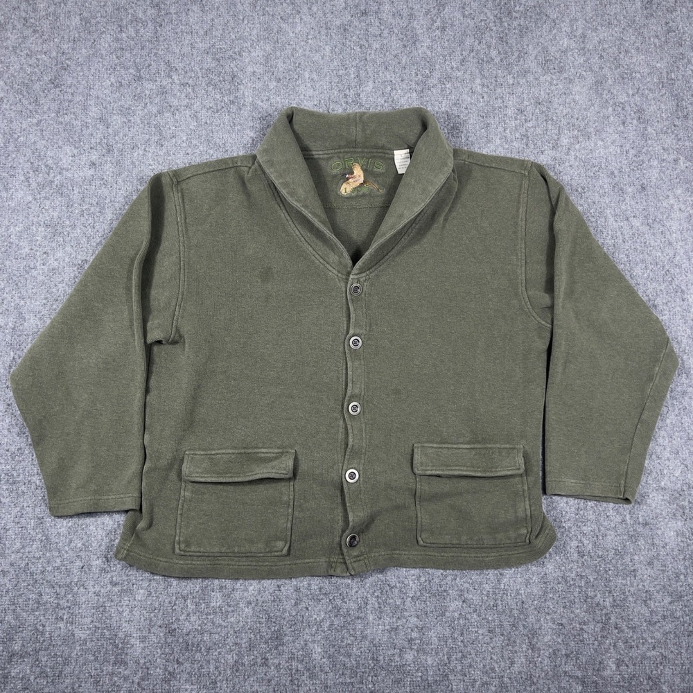 Orvis Cardigan Sweater Mens Large Olive Green Shawl Collar Cotton Flap Pockets